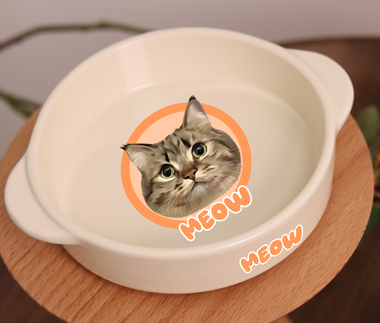 Customized Pet Portrait Ceramic Shallow Bowl with Two Handles