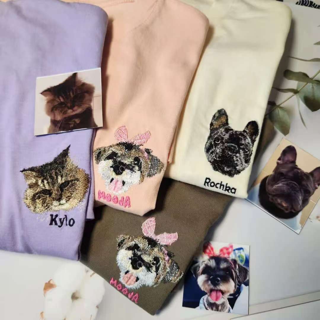 Customized Pet Portrait Embroidery T Shirt - 2 Portraits