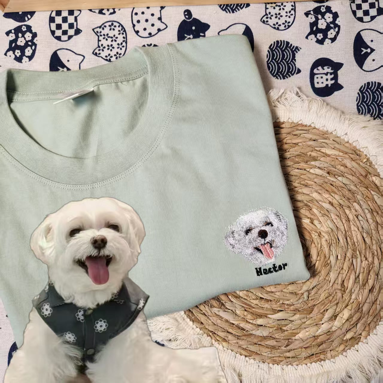 Customized Pet Portrait Embroidery T Shirt - 2 Portraits