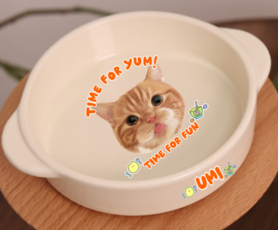 Customized Pet Portrait Ceramic Shallow Bowl with Two Handles