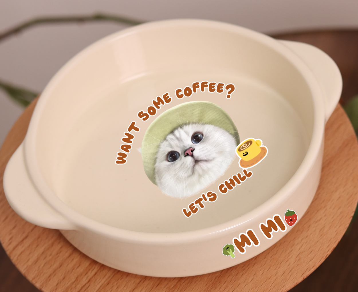 Customized Pet Portrait Ceramic Shallow Bowl with Two Handles