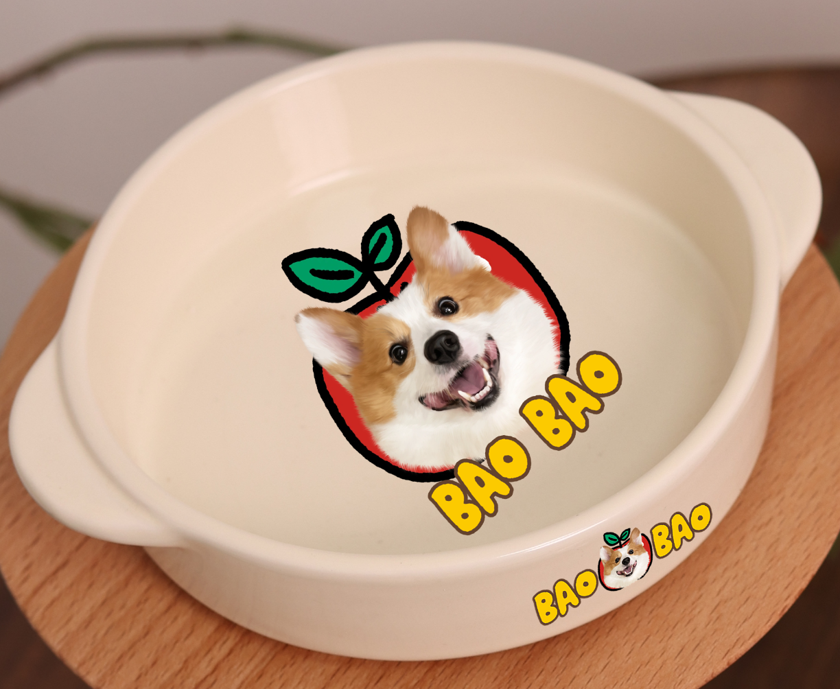 Customized Pet Portrait Ceramic Shallow Bowl with Two Handles
