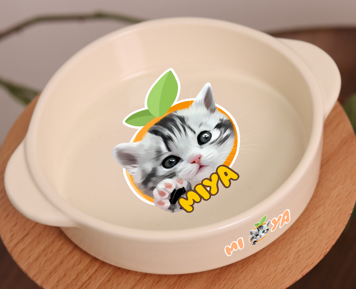 Customized Pet Portrait Ceramic Shallow Bowl with Two Handles