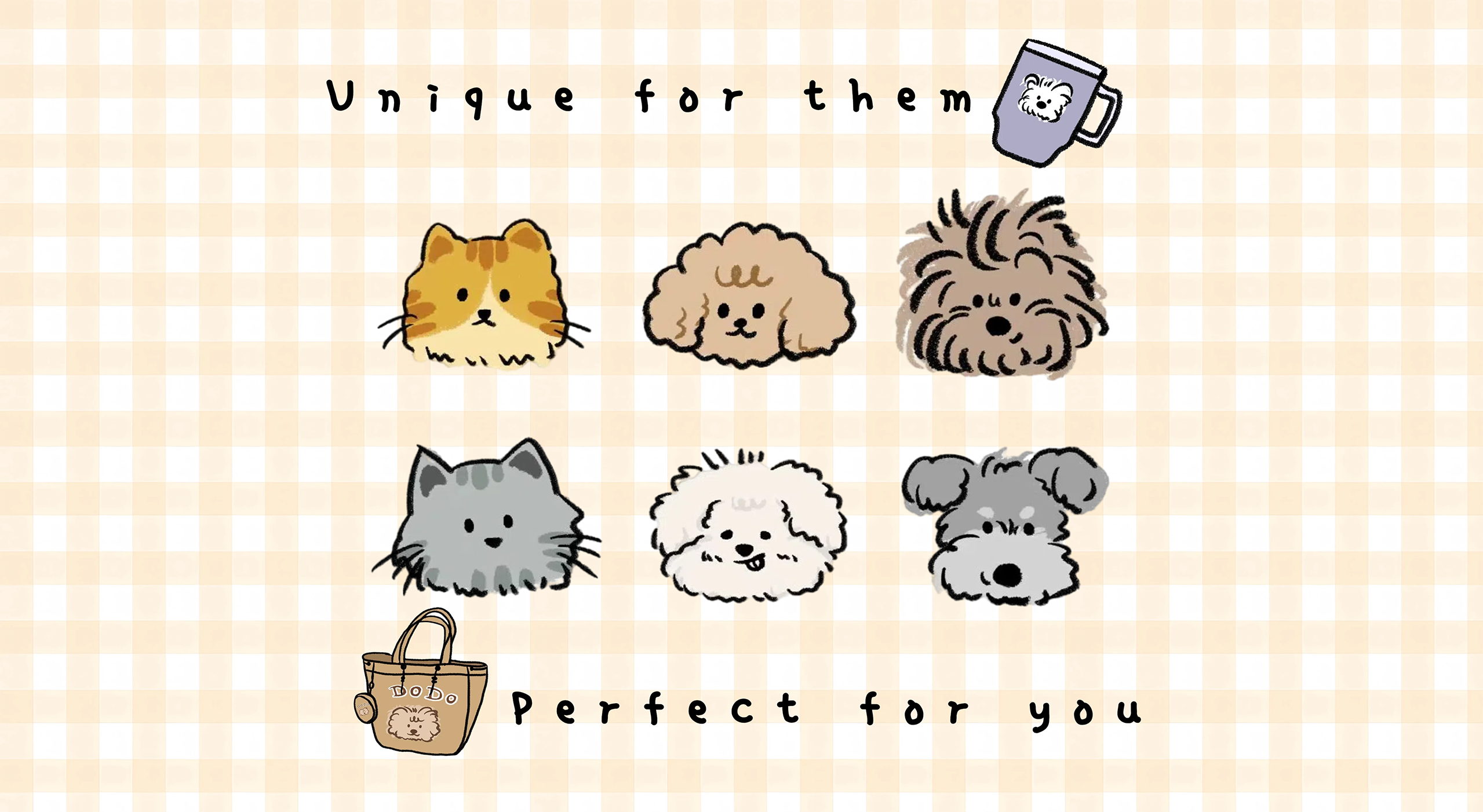 Illustrations of various animals with text on a checkered background